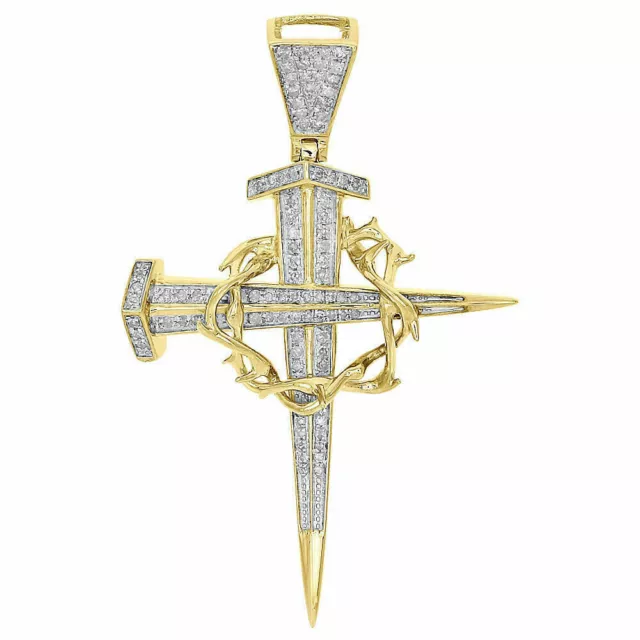 10K Yellow Gold Over Dagger Nail Diamond Cross Pendant Crown of Thorns Charm 2Ct