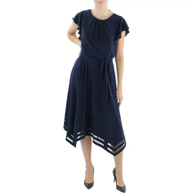 NWT Jessica Howard Womens Illusion Hem Calf Midi Dress, Navy, Size 16