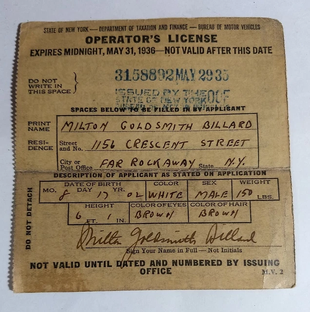 VINTAGE 1935 NEW York State Operators Drivers License Queens NYC DMV