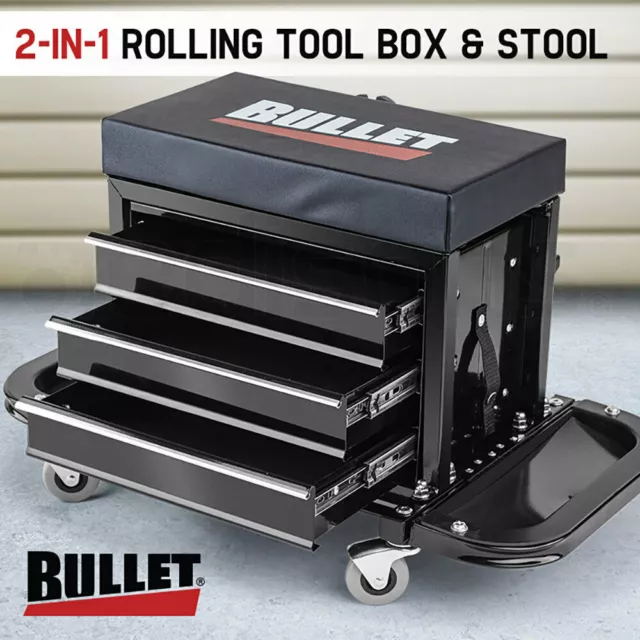 BULLET Rolling Tool Box Stool Mechanic Creeper Toolbox Seat Cushion Garage Tray