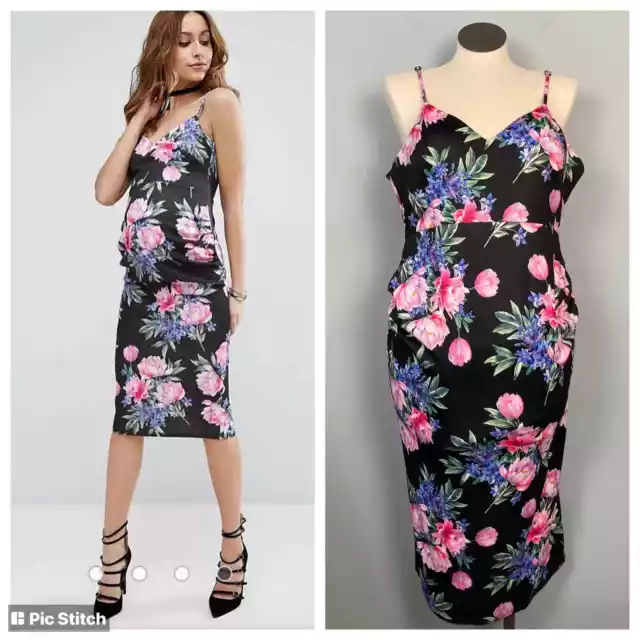 NWT ASOS Maternity Deep Plunge Dark Floral Bodycon Strappy Midi Dress Size 14