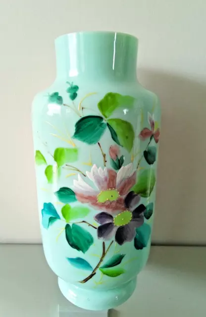 Antique Victorian Green Opaline Floral Hand Painted Vase