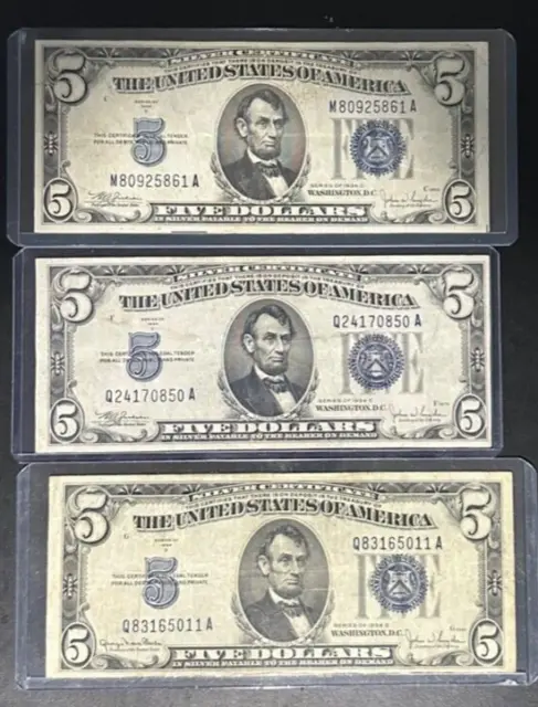 LOT OF 3, 1934-D/C $5 Dollar Silver Certificate Blue Seal VF