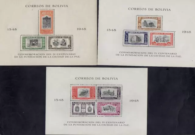 BOLIVIA 1951 FUNDACIÓN DE LA PAZ 3x HOJAS DE FRANQUEO DIFERENTES COMO EN FOTOS MNH SGMS520a