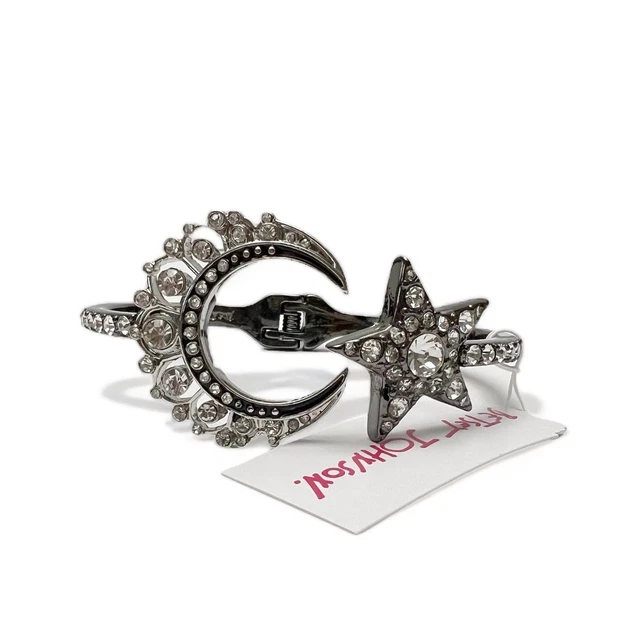 Betsey Johnson Celestial Crescent Moon Star Crystal Hinged Cuff Bracelet NEW