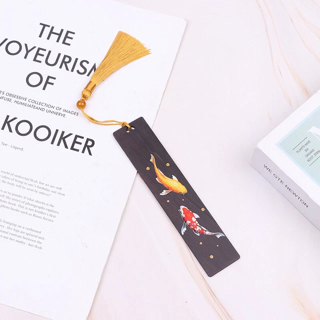 Chinese Style Painted Koi Carp Wooden Bookmark Tassel Pendant Creative Book M-xp