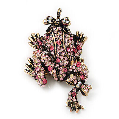 Pink Swarovski Crystal 'Frog & Dragonfly' Flex Ring In Burnt Gold Plating - 7cm