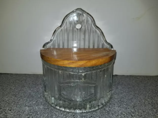 Vintage Hoosier Salt Box Canister Ribbed Clear Glass with Wood Lid