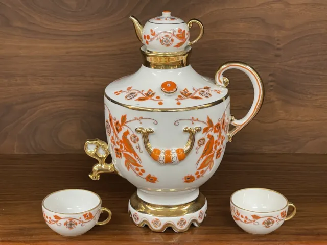 Lomonosov Porcelain Decanter Samovar Set with Two Cups  “Russian Motifs” USSR