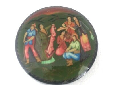 Vintage Russian Hand Painted Lacquer Round Trinket Box