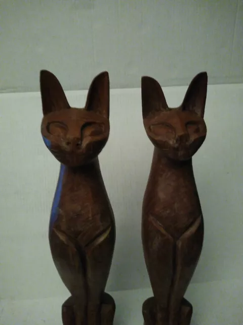 Rare Matching Set of Two MCM Hand Carved Cat Sculptures in Teak Wood 20in Large 2