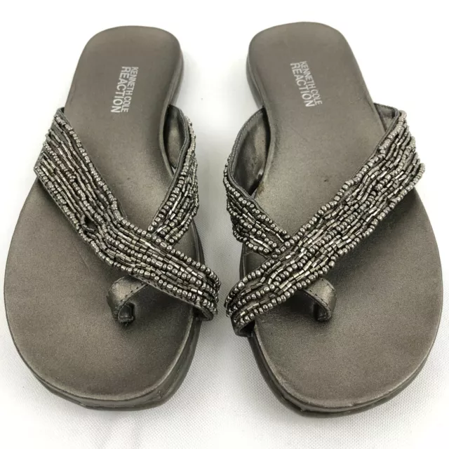 Kenneth Cole Bam Glam Womens Sz 7 Metallic Silver Pewter Thong Flip Flop Sandals
