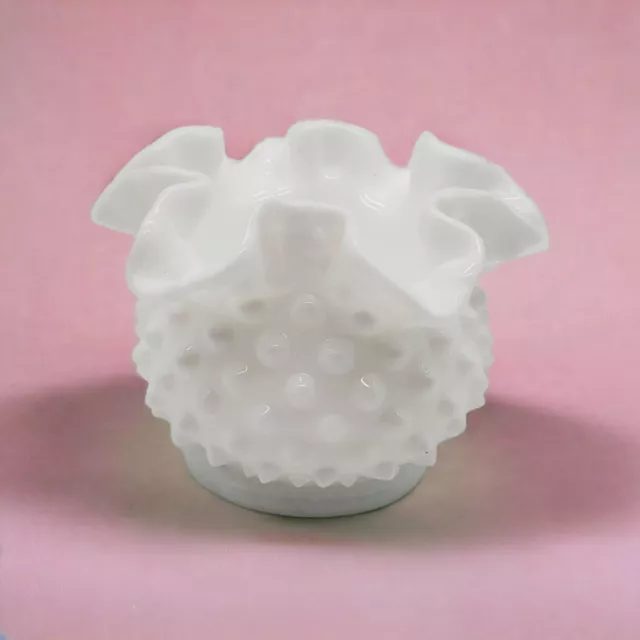 Vintage Fenton Hobnail Milk Glass 3 " Vase Rose Bowl Ruffled Top Edges