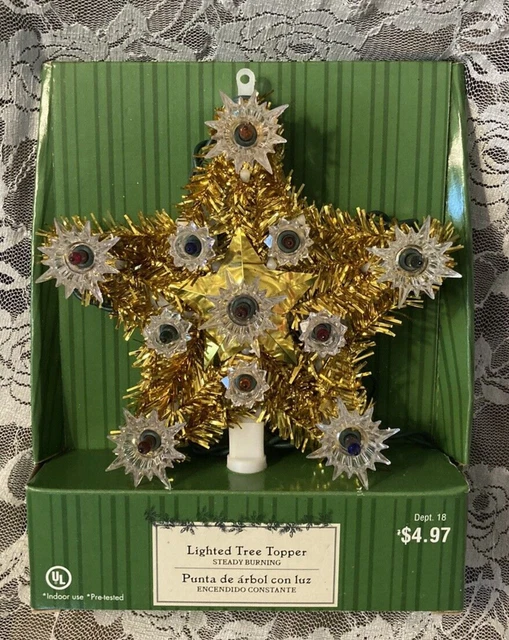 VINTAGE CHRISTMAS TREE Top Topper Light Up Electric Gold Star Tinsel