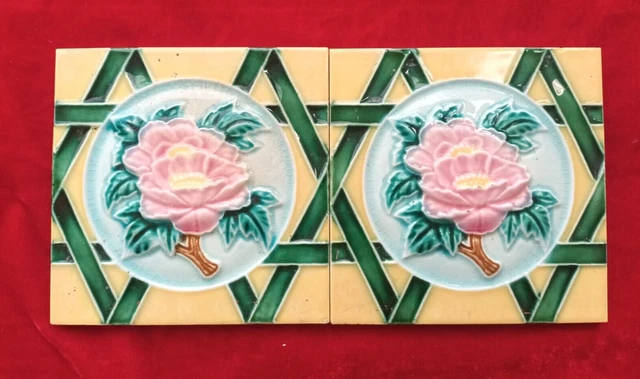 2 Piece Old Art Deco Embossed Flower Design Majolica Ceramic Tiles Japan 0400