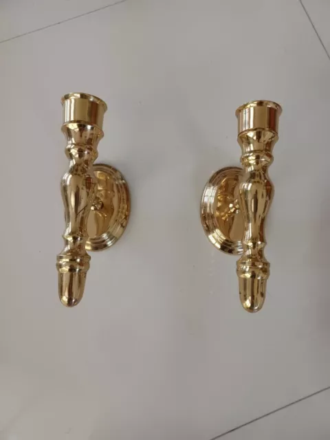 Two India Gold Heavy Brass Wall Sconce Candle Holders Pair