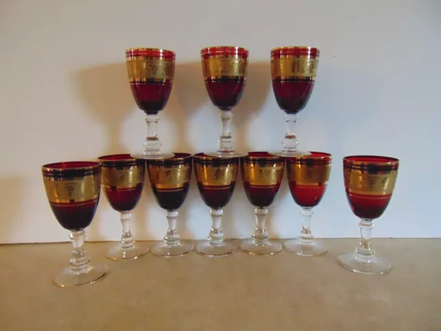 Ruby Red and gold stemmed goblets grapevine and grapes depicted 4 oz. capacity