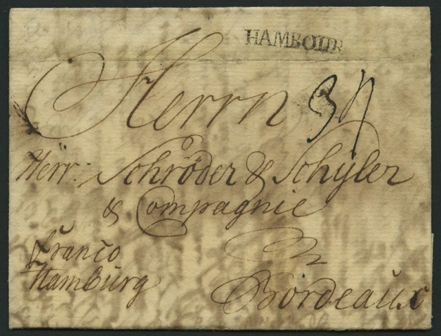 HAMBURG 1768, HAMBOURG, L1 auf Forwarded-Letter von Flensburg n. Bordeaux, hands