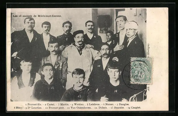 CPA Courrieres, Catastrophe des Mines, Les 13 escapes de Mericourt-Corons 1906