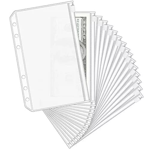 16PCS A6 Binder Pockets 6 Holes Budget Cash Envelopes Clear Zipper Folders