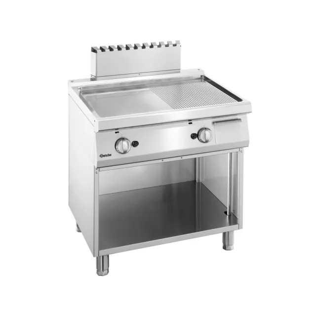 Plaque grill inox gaz acier lisse & rainuré, sur support ouvert, 14 000 W, GAZ