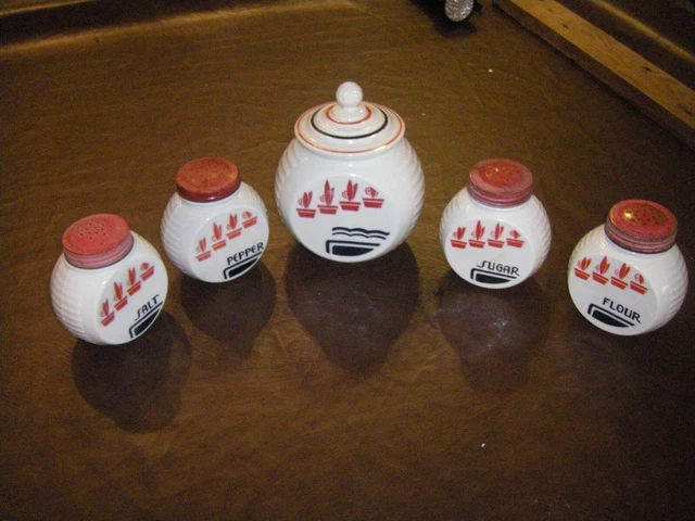 Hoosier FLOWER POTS Range Set - Salt  Pepper  Sugar  Flour  Shakers + Grease Jar