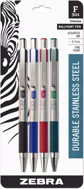 Zebra F-301 Ballpoint Stainless Steel Retractable Pen, Fine Point, 0.7mm,