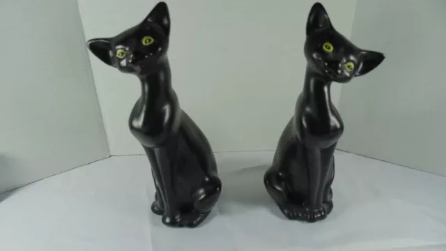 Pair of Vintage Black Ceramic Cat Figurines W/ Green Eyes Tall Neck EVC MCM