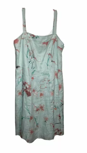 Womens 100% Linen Dress Cottage-core Watercolor Floral Green Pink Sleeveless 8P