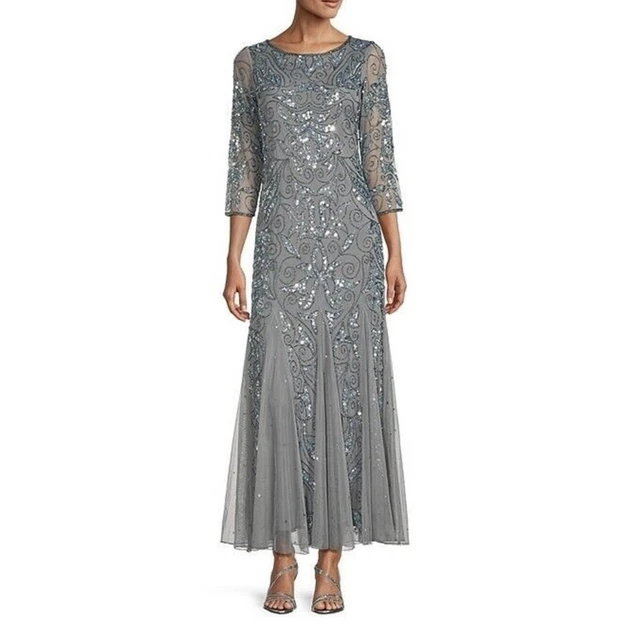Pisarro Nights Beaded 3/4 Sleeve Mesh Dress Silver 2