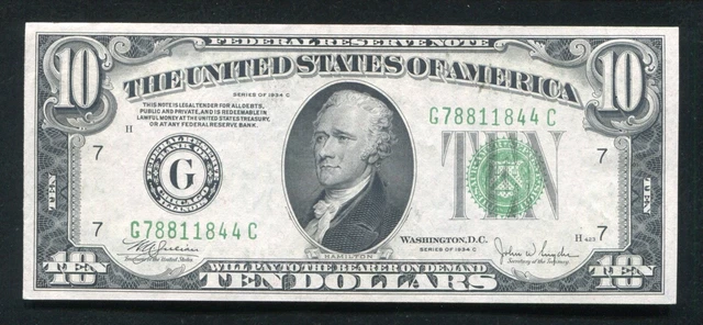Fr. 2008-G 1934-C $10 Frn Federal Reserve Note Chicago, Il Gem Uncirculated