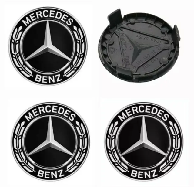 4x Für Mercedes-Benz Nabendeckel Nabenkappen Felgendeckel 75mm Schwarz/Chrom NEU
