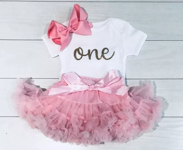 Luxury Girls 1st First Birthday Tutu Skirt Outfit Baby Pink Cake Smash One UK