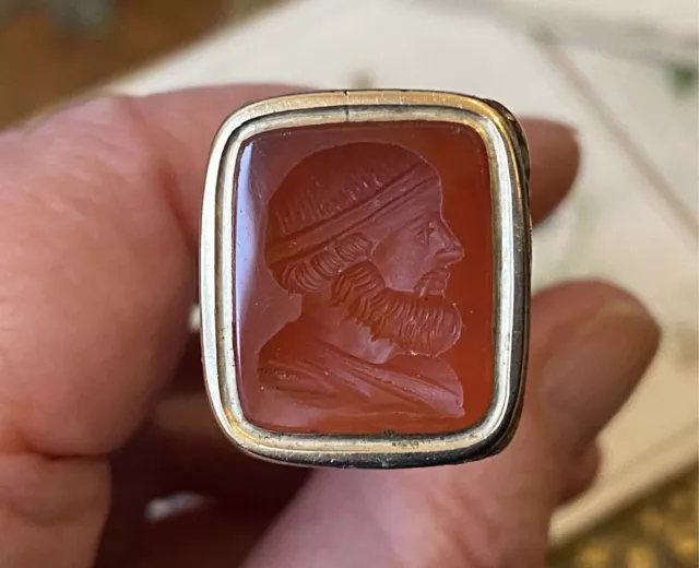 Antique carved ‘Philosopher’ head carnelian hardstone intaglio wax fob seal