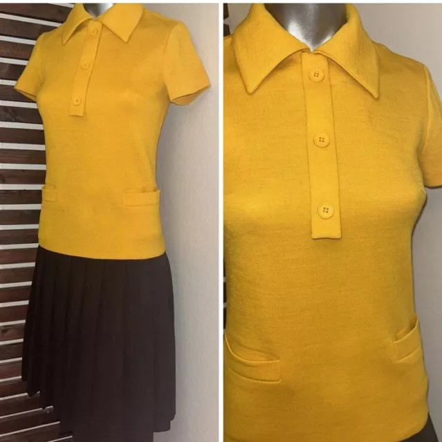 1960s 60s 1970s 70s Vintage Yellow Button Up Brown Pleated Skirt Retro Mod Dress