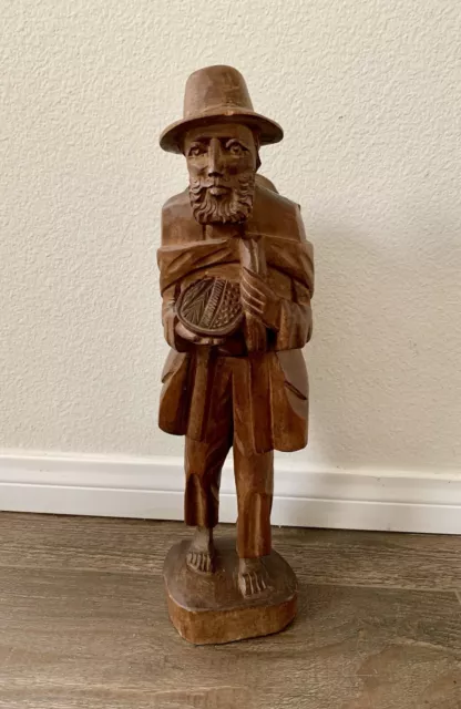 vintage hand carved wood Sculpture Barefoot Old Man 17”