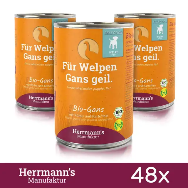 48x Herrmanns Cachorro Comida para Perros Ganso Orgánico Espinacas Patatas MHD Jan. 400 gr 2024