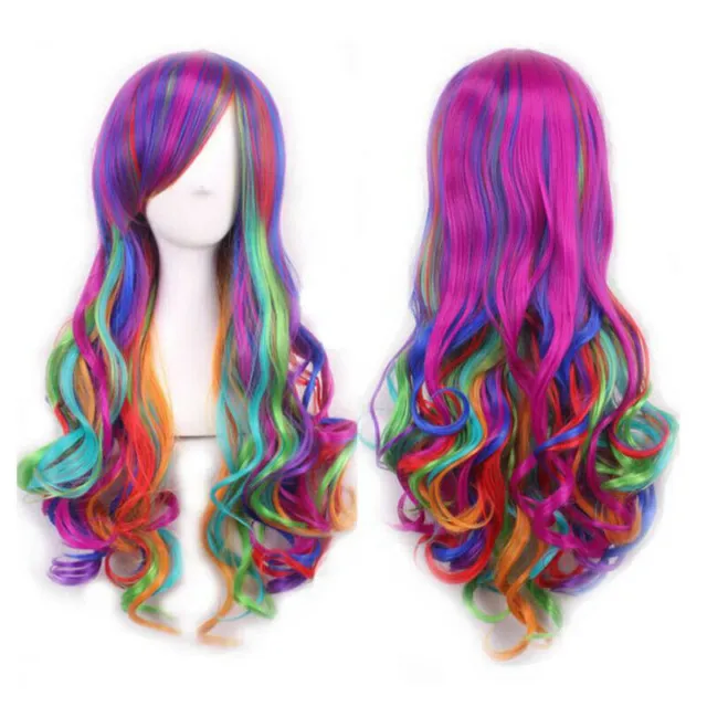 Women Girls Long Anime Full Hair Wigs Rainbow Curly Wavy Straight Cosplay Wig.^