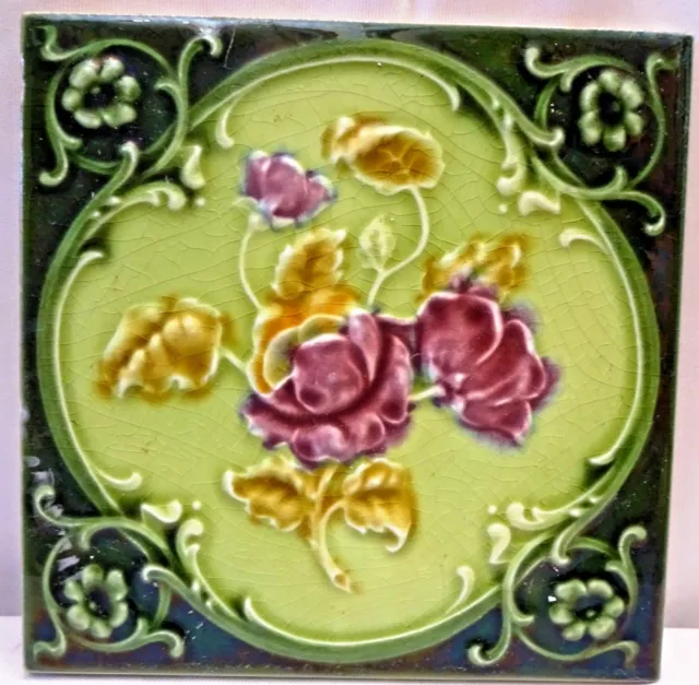 Antique Tile Majolica England Art Nouveau Ceramic Porcelain Purple Rose Old" 112