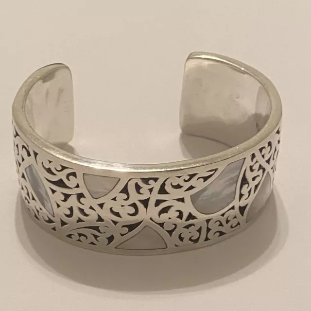 Lois Hill Sterling Silver Mother of Pearl Inlay Scroll Cuff Bracelet 62.6 Grams Lois Hill Sterling Silver Mother of Pearl Inlay Scroll Cuff Bracelet 62.6 Grams