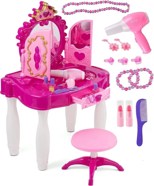 Girls Dressing Table Vanity Mirror Play Set Toy Make Up Desk With Stool Pink New