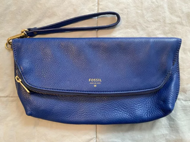 NWOT Fossil Preston Sapphire Blue Foldover Pouch Clutch Bag with Wristlet $128
