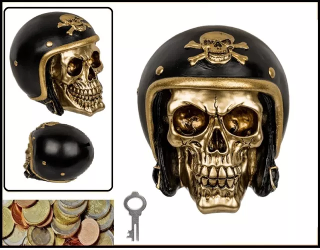 Oro Calavera Hucha Con Motoradhelm Negro Decoración Cerdito Hucha