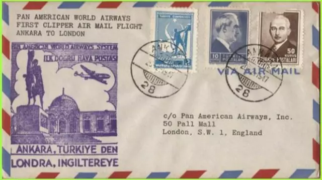 Turkiye 1947 Pan Am, Clipper First Flight Cover Ankara - London