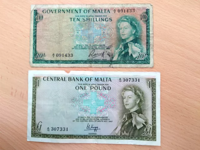 Malta Banknotes £1 - Pick 29 & 10 Shillings - Pick 25