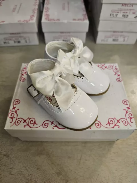 Baby Girls Spanish Bow Shoes Patent Mary Jane White Party Uk 6 New