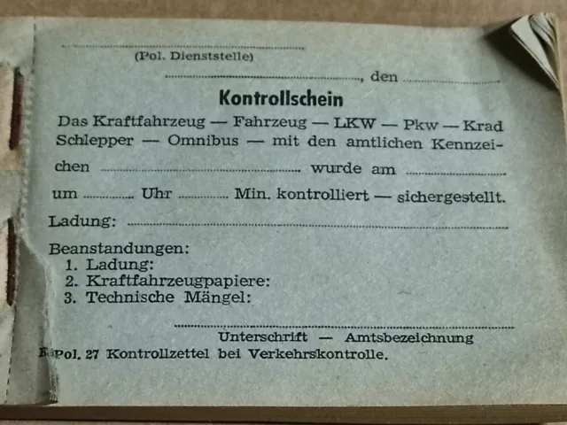 Polizei  Kontrollschein Block 70er Jahren