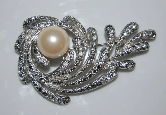 Elegant Vtg Couture Large Faux Pearl & Rhinestones Swirl Statement Pin Or Brooch