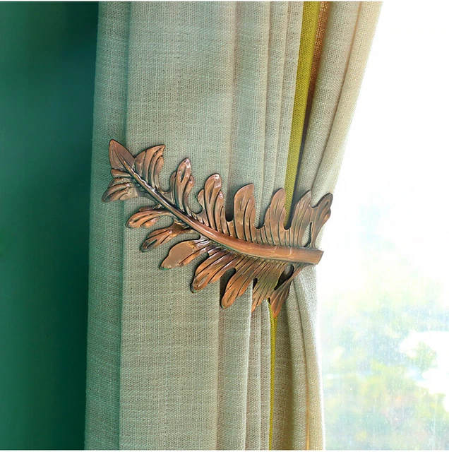 2Pcs Big Leaf Curtain Tie Back Hold Backs Holder Brass Tassel Hooks Gold Bronze