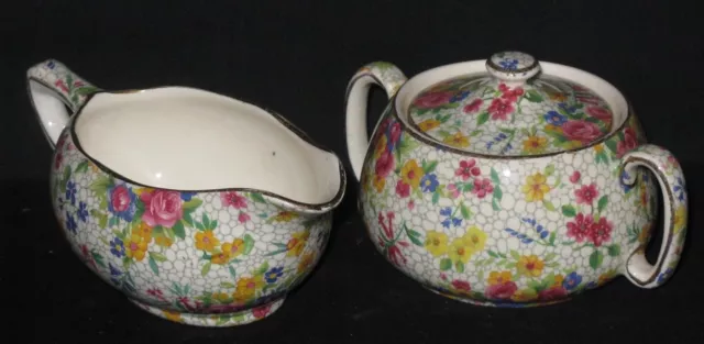 Royal Winton Grimwades China Chintz FIREGLOW Creamer & Sugar Bowl 1930s